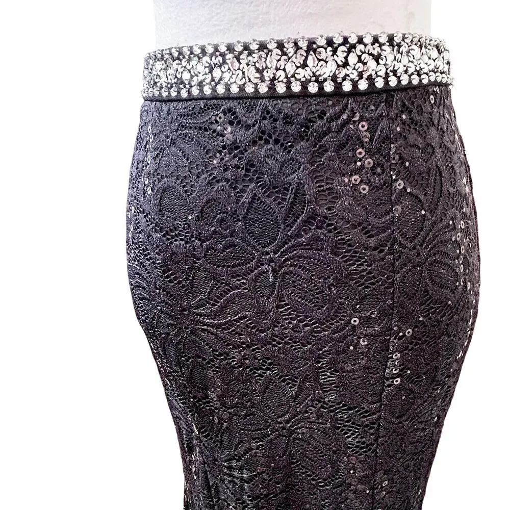 Vtg 90s Bling Goth Dark Fairy Black Sexy Sequin Mermaid Maxi Skirt Stretch 6 - Picture 4 of 9